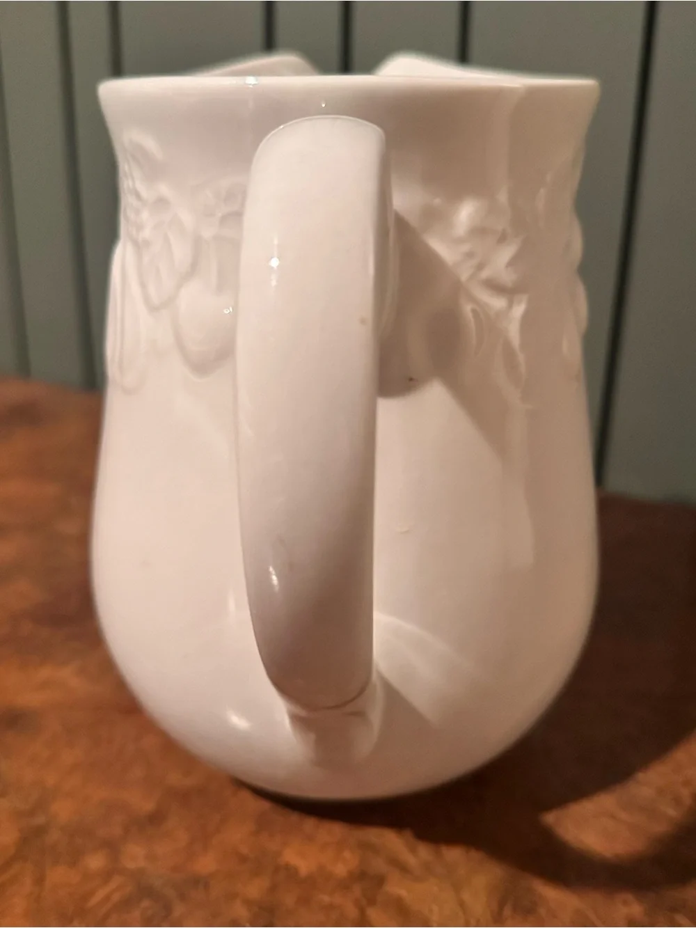 Gibson China Houseware Pitcher White Ceramic Embossed Fruit Pattern Farmhouse